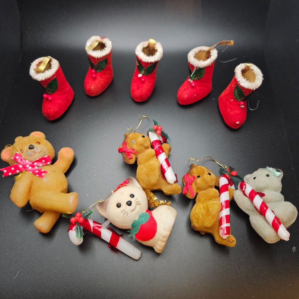 Vintage Mini Christmas Ornaments Flocked‎ Bears Cat Dog Boots Lot of 10